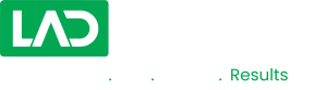 Green and white logo with the text LAD Solutions. Below, smaller text reads Leads. Ads. Design. Results, with Results in green and the rest in white. The background is light gray.
