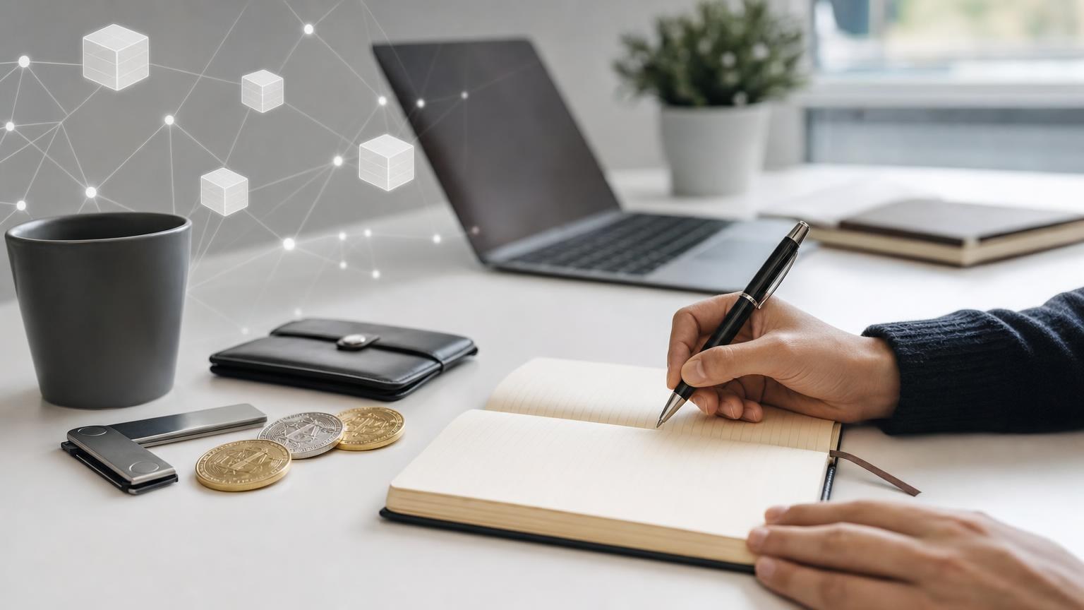 A personal crypto transaction journal showing wallet addresses, network details, transaction hashes, fees, and confirmation status